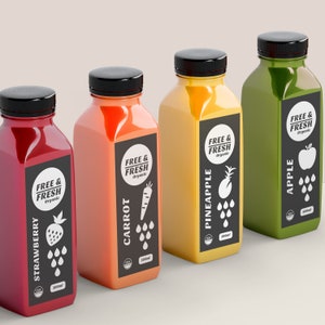 Bewerkbare labelsjabloon sapfles: smoothie, koudgeperst (digitale download)