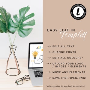May include: A laptop computer with a light bulb graphic on the screen. The laptop is on a wooden desk with a vase of green leaves and a pair of glasses. The text on the screen reads "EASY EDIT IN Templett" and lists features such as "EDIT ALL TEXT", "CHANGE FONTS", "EDIT ALL COLORS", "UPLOAD YOUR LOGO", "MOVE ANY ELEMENTS", and "SAVE (PDF/JPEG/PNG)".