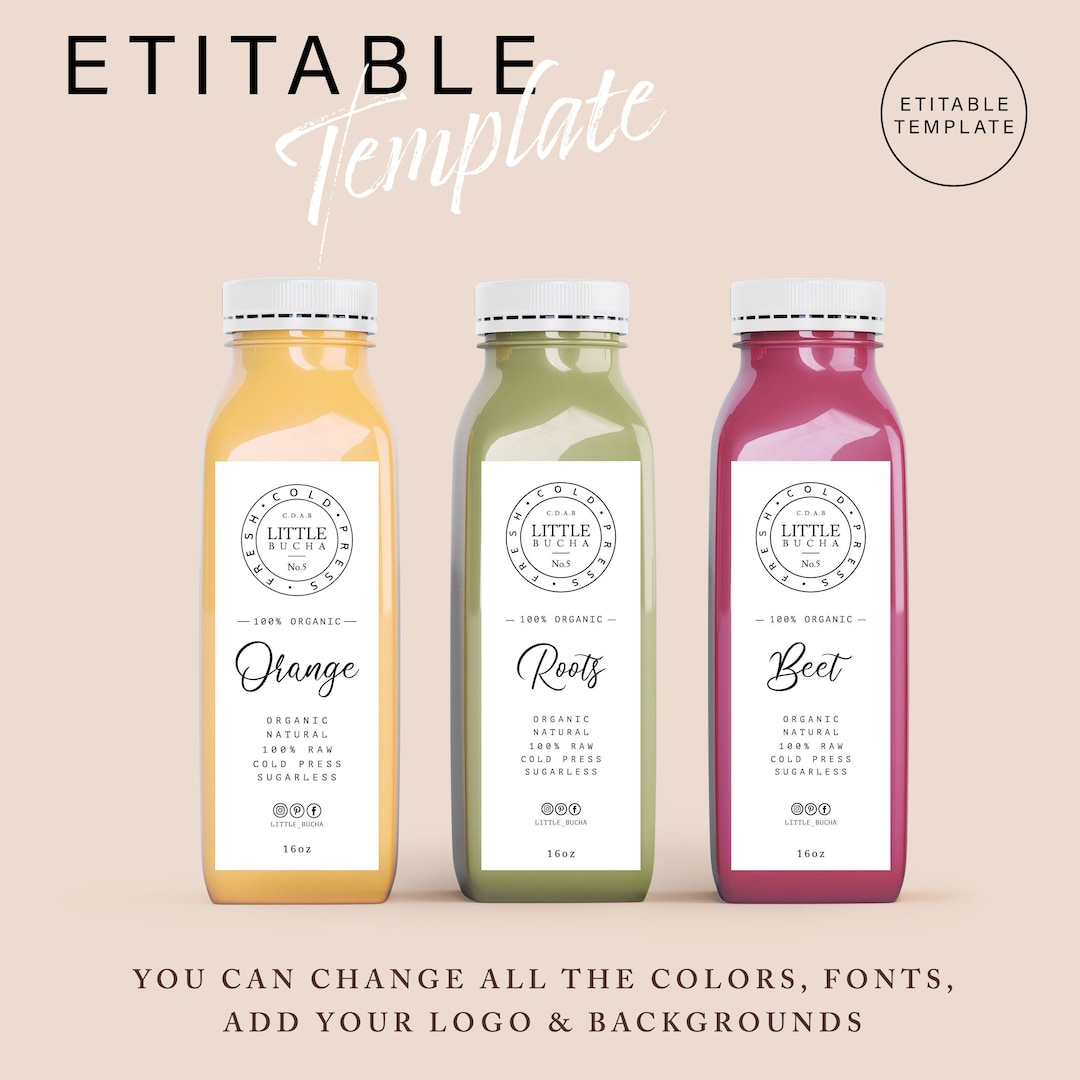 Editable Juice Bottle Label Template, Cold Pressed Label Design, Printable Clear Beverage Bottle