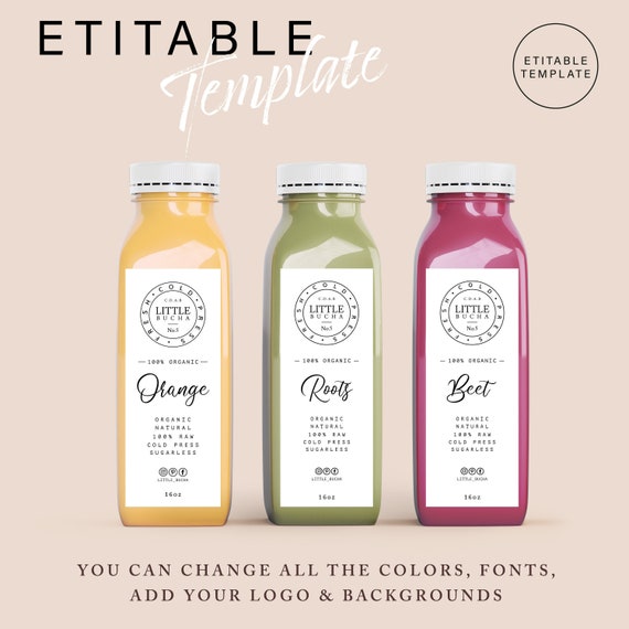 Editable Juice Bottle Label Template, Fresh Juice Label Sticker Design, 12  and 16 Oz, Editable Drink Bottle Labels, Smoothie Label Template 