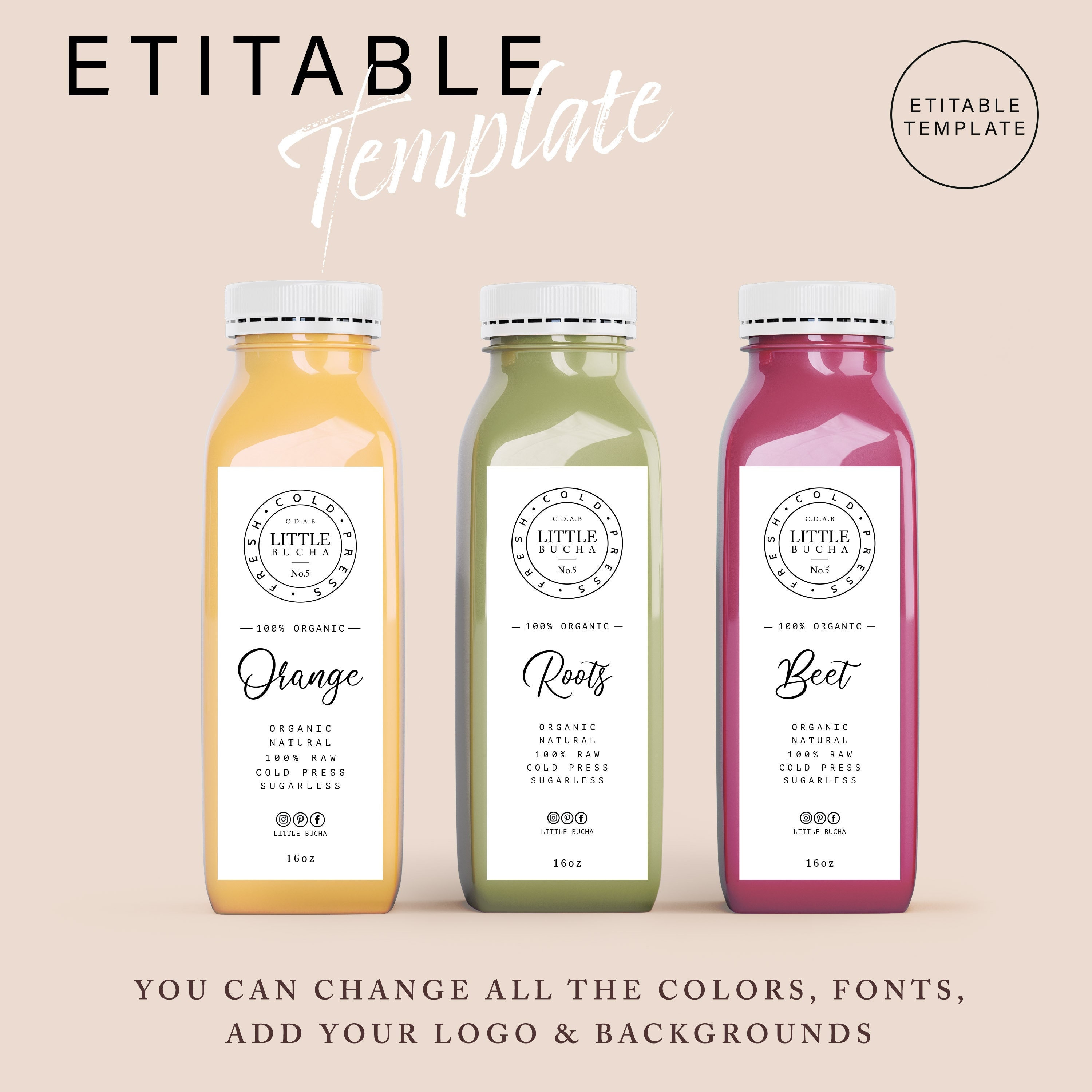 Custom Juice Label Template for 2oz, 4oz Bottles.editable Smoothie Label  Template.digital Printable Juice Brand Company Canva Label Template  (Instant Download) 