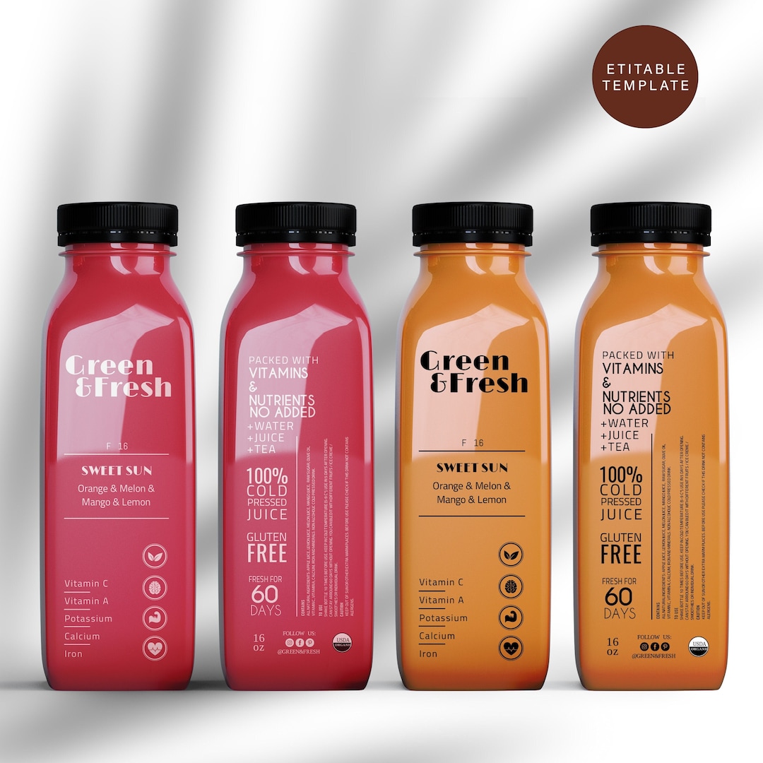 Editable Juice Bottle Label Template, Printable Clear Juice Bottle Label, Cold Pressed Label