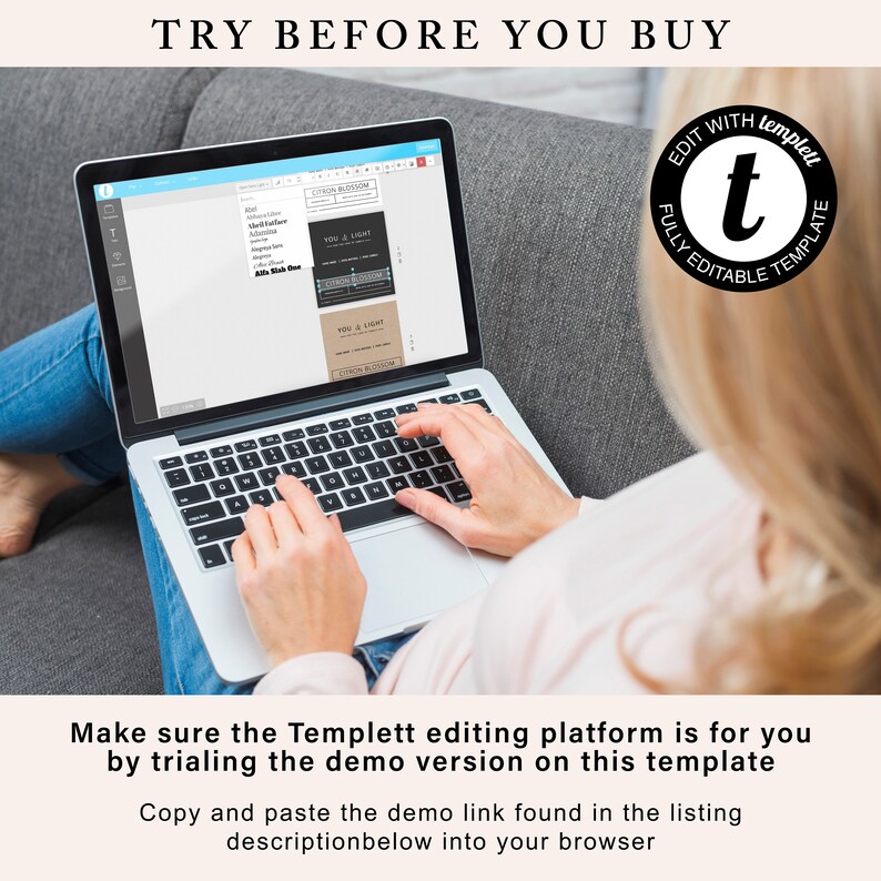 May include: A person is using a laptop to edit a digital template. The laptop screen shows a preview of a wedding invitation with the text "You & I Light" and "Citrus Blossom". The text "Edit with Templett" is visible in a circle with a letter "t" in the upper right corner of the image.