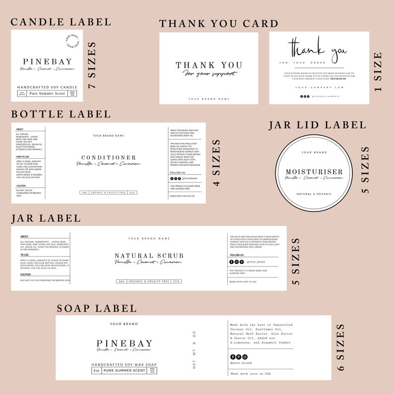May include: A set of printable labels for candles, soap, body care products, and thank you cards. The labels feature a minimalist design with black text on a white background. The labels include the brand name "Pinebay" and the product names "Candle", "Soap", "Conditioner", "Moisturizer", and "Natural Scrub".