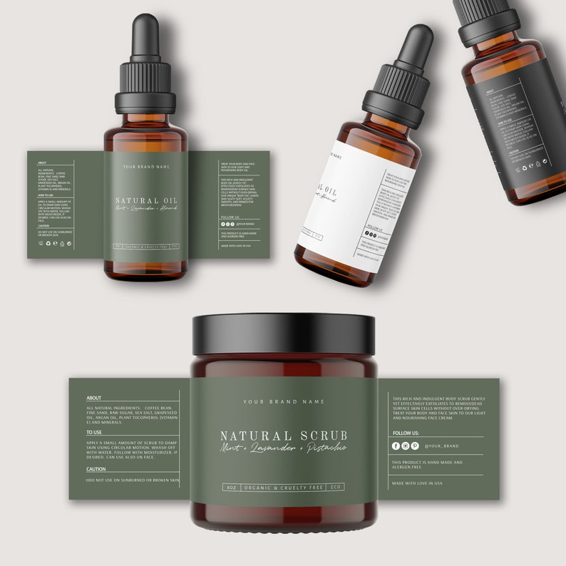 May include: Three natural beauty products: a brown glass bottle of natural oil with a label that says "Natural Oil Mint, Lavender, Almond", a brown glass jar of natural scrub with a label that says "Natural Scrub Mint, Lavender, Pistachio", and a brown glass bottle of oil with a black label.