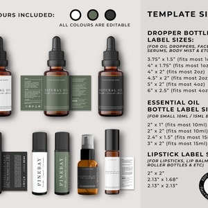 May include: Three brown glass bottles with labels for natural oil, three black and green tubes with labels for pine bay lip balm, and a small brown glass bottle with a label for essential oil. The image also includes a template size chart for dropper bottles, essential oil bottles, and lipstick labels.