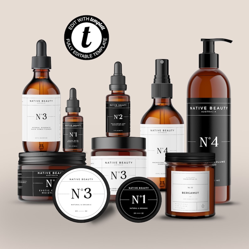 K&ouml;nnte beinhalten: Eine Sammlung von bernsteinfarbenen Glasflaschen und -gl&auml;sern mit schwarzen Etiketten und wei&szlig;em Text. Die Produkte sind mit "Native Beauty" gekennzeichnet und umfassen ein Shampoo, eine Sp&uuml;lung, eine K&ouml;rperlotion, ein &auml;therisches &Ouml;l und eine Kerze. Die Kerze ist mit "Bergamot" gekennzeichnet und hat einen schwarzen Deckel.