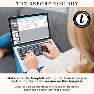 May include: A person using a laptop to edit a digital template on the Templett platform. The screen shows a rating sheet with the number "N&deg;2" on it. The text "EDIT WITH templett" is visible in a circle around a lowercase "t" in the upper right corner of the image.
