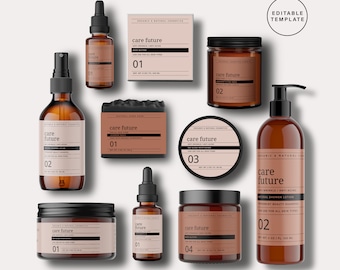 May include: A collection of brown glass bottles and jars with black lids and labels. The labels have the text "care future" and a number from 01 to 04. The products are organic and natural cosmetics.