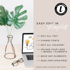 K&ouml;nnte beinhalten: Ein Laptop mit einer Gl&uuml;hbirnengrafik auf dem Bildschirm, der auf einem Holztisch mit einer Vase mit gr&uuml;nen Bl&auml;ttern steht. Der Text auf dem Bildschirm lautet "EASY EDIT IN Templett" und listet Funktionen wie "EDIT ALL TEXT", "CHANGE FONTS", "EDIT ALL COLOURS", "UPLOAD YOUR LOGO", "MOVE ANY ELEMENTS" und "SAVE (PDF/JPEG/PNG)" auf.
