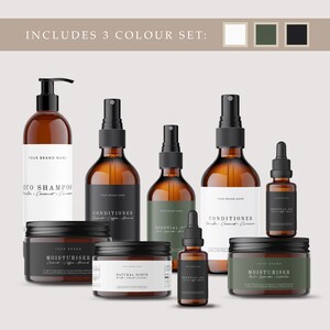 May include: A set of amber glass bottles with black and white labels containing shampoo, conditioner, and essential oils. The bottles are arranged on a white surface with a white, green, and black color palette.