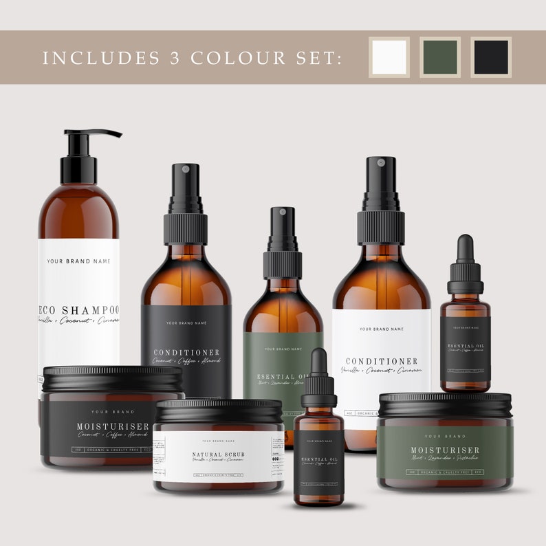 May include: A set of amber glass bottles with black and white labels containing shampoo, conditioner, and essential oils. The bottles are arranged on a white surface with a white, green, and black color palette.