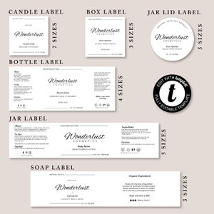 May include: A set of printable labels for various products, including candles, soap, body butter, shower lotion, and serum. The labels feature a black and white design with the text "Wonderlust Cosmetics" and the product name. The labels are available in different sizes, as indicated by the numbers next to each label.