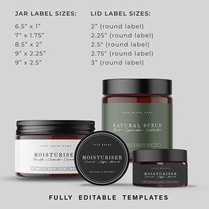 May include: Three glass jars with black lids and labels. The labels are white with black text and feature product names like "Moisturizer" and "Natural Scrub". The jars are on a light gray background. The text on the labels includes the product name, ingredients, and "Organic & Cruelty Free".
