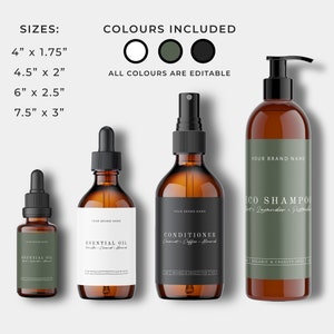 May include: Four amber glass bottles with labels for essential oil, conditioner, and shampoo. The bottles are in various sizes, ranging from 4 inches to 7.5 inches tall. The labels are white with black text and feature a minimalist design. The bottles are on a white background. The text on the labels reads "YOUR BRAND NAME", "ESENTIAL OIL", "CONDITIONER", and "ECO SHAMPO".
