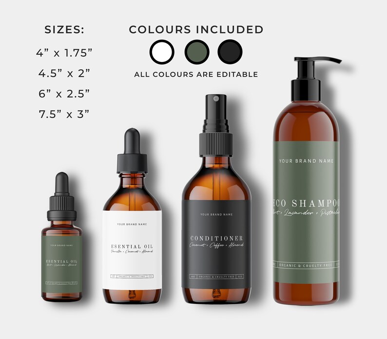 May include: Four amber glass bottles with labels for essential oil, conditioner, and shampoo. The bottles are in various sizes, ranging from 4 inches to 7.5 inches tall. The labels are white with black text and feature a minimalist design. The bottles are on a white background. The text on the labels reads "YOUR BRAND NAME", "ESENTIAL OIL", "CONDITIONER", and "ECO SHAMPO".