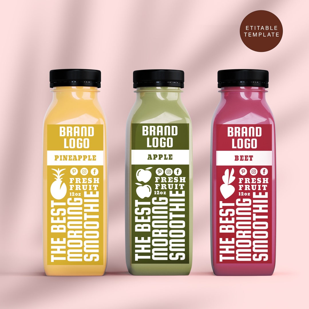Editable Juice Bottle Label Template, Printable Clear Juice Labels, Custom Clod Press Label