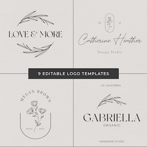 Puede incluir: Nueve plantillas de logotipo editables con dise&ntilde;os florales minimalistas. Los logotipos incluyen los nombres "Love & More", "Catherine Heather Design Studio", "Megan Brown Est. 2023" y "Gabriella Organic Handmade Studio".