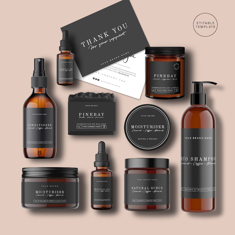 May include: A collection of brown glass bottles and jars with black labels featuring the text "PINEBAY" and "YOUR BRAND". The labels also include product names like "Conditioner", "Moisturiser", "Natural Scrub", "Essential Oil", and "Eco Shampoo". The products are arranged on a light brown background.