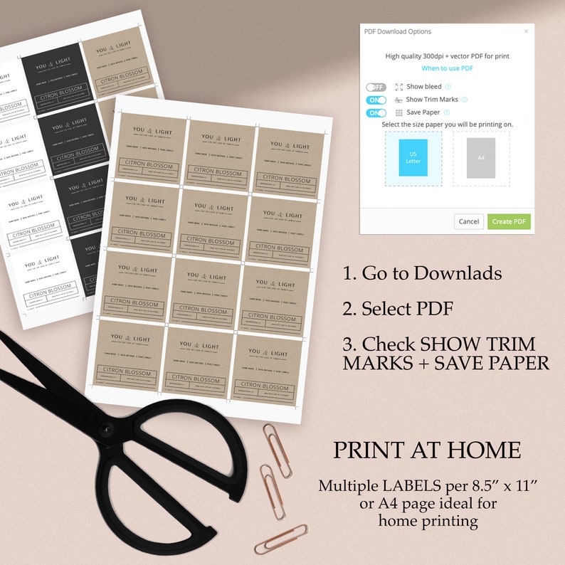 May include: A sheet of printable labels with the text "You & Light Citron Blossom" repeated 16 times. The labels are on a brown background with white text. The image also includes instructions for printing the labels at home on 8.5 x 11 inch paper.