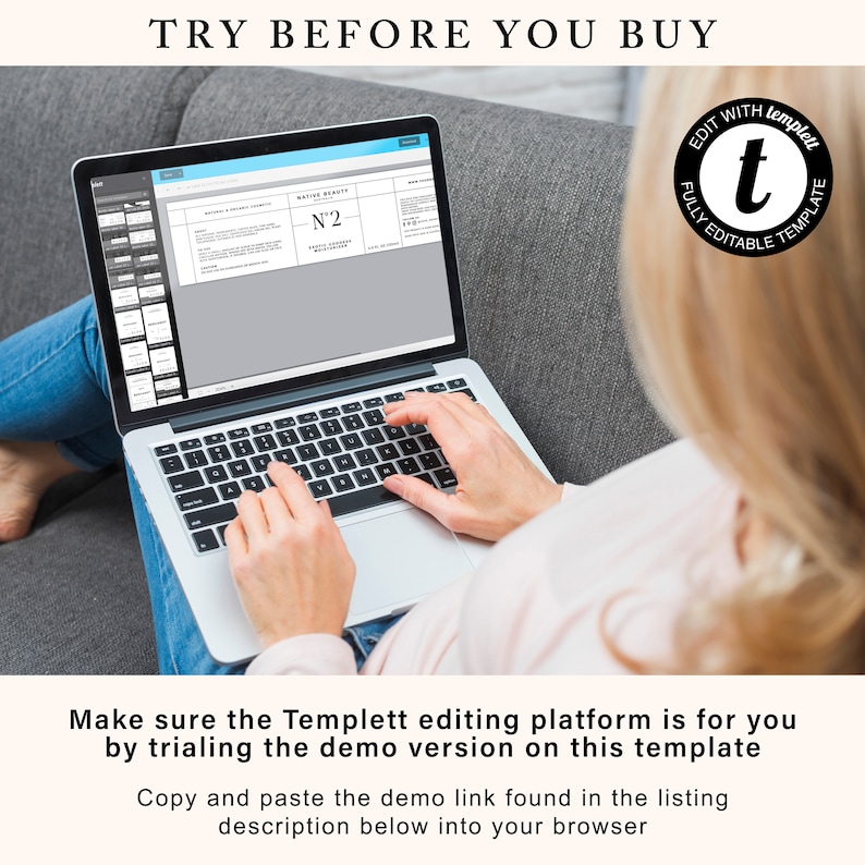 K&ouml;nnte beinhalten: Eine Person verwendet einen Laptop, um eine digitale Vorlage auf der Templett-Plattform zu bearbeiten. Der Bildschirm zeigt ein Bewertungsblatt mit der Nummer "N&deg;2" darauf. Der Text "EDIT WITH templett" ist in einem Kreis um ein kleines "t" in der oberen rechten Ecke des Bildes sichtbar.