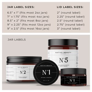 K&ouml;nnte beinhalten: Drei Glasbeh&auml;lter mit schwarzen Deckeln und Etiketten. Die Etiketten sind schwarz mit wei&szlig;em Text und lauten "Native Beauty" und "N&deg;1", "N&deg;2" und "N&deg;5". Die Beh&auml;lter sind unterschiedlich gro&szlig; und die Etiketten geben die Gr&ouml;&szlig;e des Beh&auml;lters an, f&uuml;r den sie passen. Der Text listet auch den Produktnamen auf, z. B. "Exotic Goddess Moisturizer" und "Columbian Coffee Body Cream".