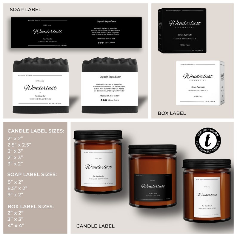 May include: A set of product labels for candles, soaps, and boxes. The labels are black and white with the word "Wonderlust" in a script font. The labels are designed to be used for a variety of products, including candles, soaps, and boxes. The labels are available in a variety of sizes.