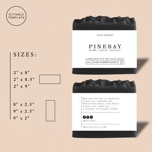 May include: A black and white label for a handcrafted soy wax soap bar. The label reads "Pinebay" with the scent "Vanilla, Coconut, Cinnamon". The soap is 8 oz and has a "Pure Summer Scent". The label also includes the brand name, social media icons, and the text "Made with Love in USA".