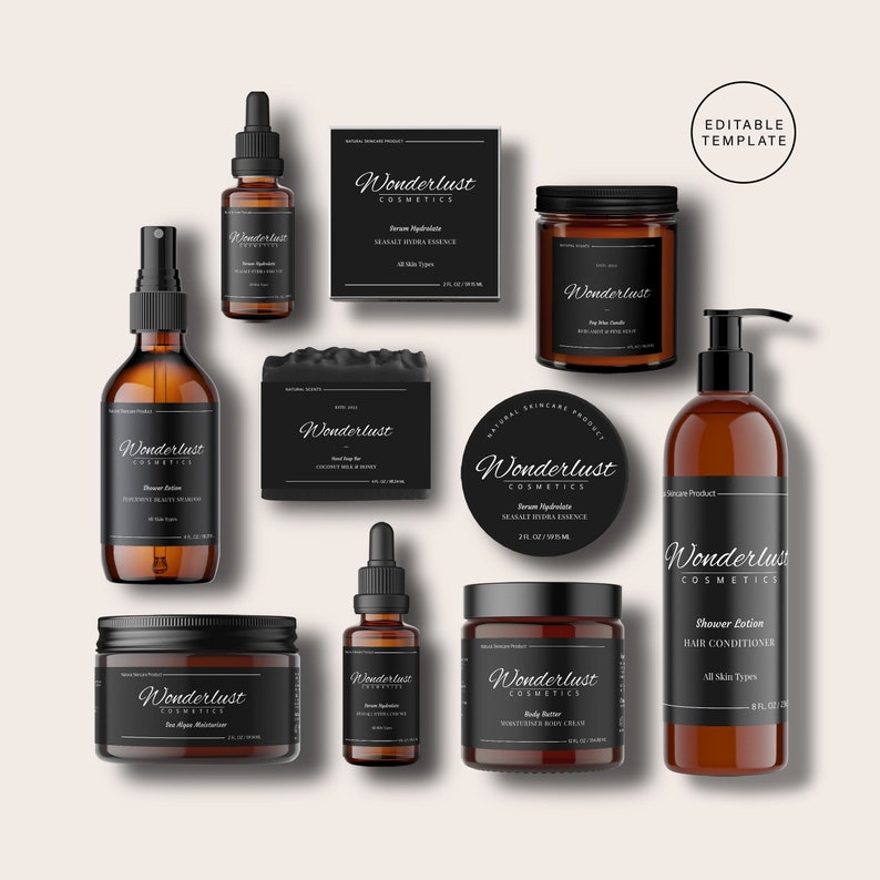 May include: A collection of amber glass bottles and jars with black labels featuring the text "Wonderlust Cosmetics". The products include a shower lotion, hair conditioner, body butter, serum, and soap. The labels also include product names and descriptions.