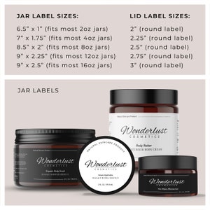 May include: Three amber glass jars with black lids and white labels. The labels feature the text "Wonderlust Cosmetics" and the names of the products: "Organic Body Scrub", "Sea Salt Hydra Essence", and "Tea Algae Moisturizer". The jars are arranged on a white surface. The text "JAR LABELS" is at the top of the image.