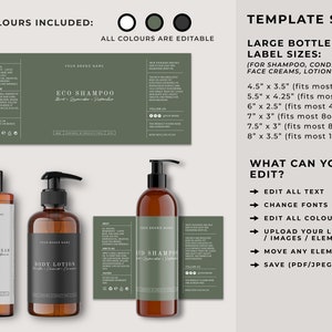 May include: Three brown bottles with white labels and black text. The labels have the text "Your Brand Name" and the product names "Eco Shampoo", "Beauty Cream", and "Body Lotion". The bottles are on a white background. The image also includes a green and white label with the text "Eco Shampoo" and a text box with the text "Template Sizes" and "What Can You Edit?" with a list of editable features. The image includes a color palette with white, black, and green circles.