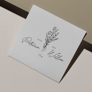 Puede incluir: Un dise&ntilde;o de logotipo en blanco y negro con una ilustraci&oacute;n floral. El texto dice "Patricia Shop Est. 2023 Wilson".