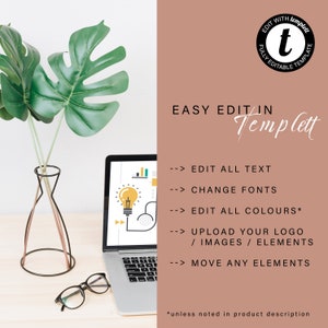 Puede incluir: Un ordenador port&aacute;til con un gr&aacute;fico de bombilla en la pantalla. El port&aacute;til est&aacute; sobre un escritorio de madera con un jarr&oacute;n de hojas verdes y unas gafas. El texto de la imagen dice "EASY EDIT IN Templett EDIT WITH templett FULLY EDITABLE TEMPLATE --> EDIT ALL TEXT --> CHANGE FONTS --> EDIT ALL COLOURS* --> UPLOAD YOUR LOGO / IMAGES / ELEMENTS --> MOVE ANY ELEMENTS *unless noted in product description"