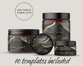 May include: Three glass jars with black lids and labels. The labels have a black and gold marble design with the text "Golden Beauty" and product names: "Moisturiser", "Body Scrub", and "Luxury Cosmetics".