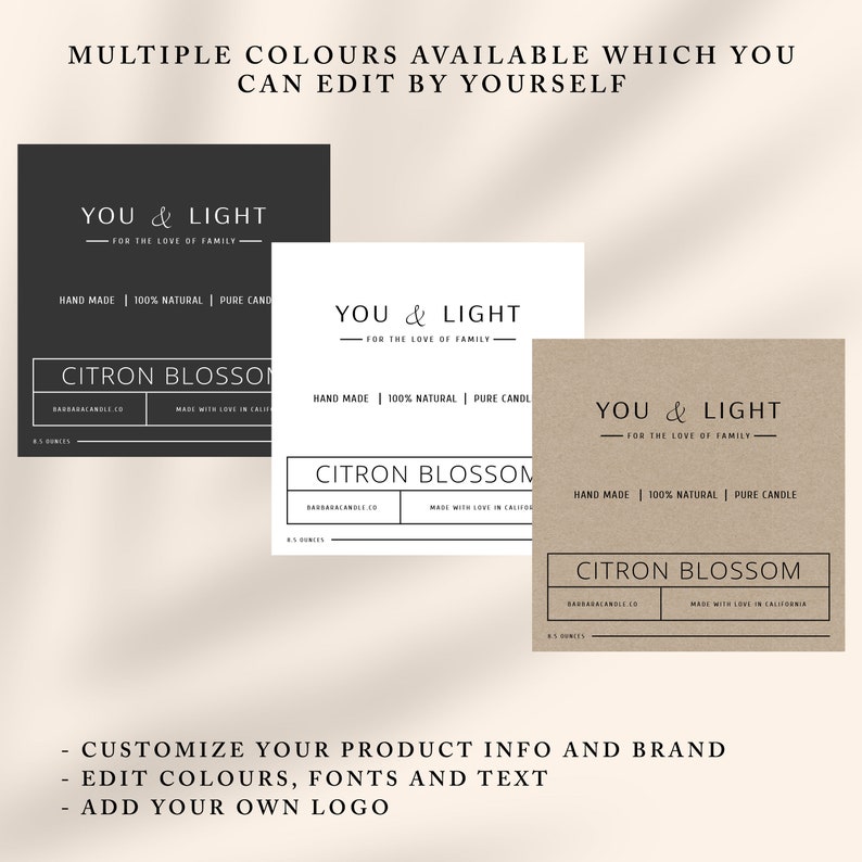 May include: Three different versions of a candle label design. The label is black, white, and brown. The label features the text "You & Light - For the Love of Family" and "Citron Blossom".