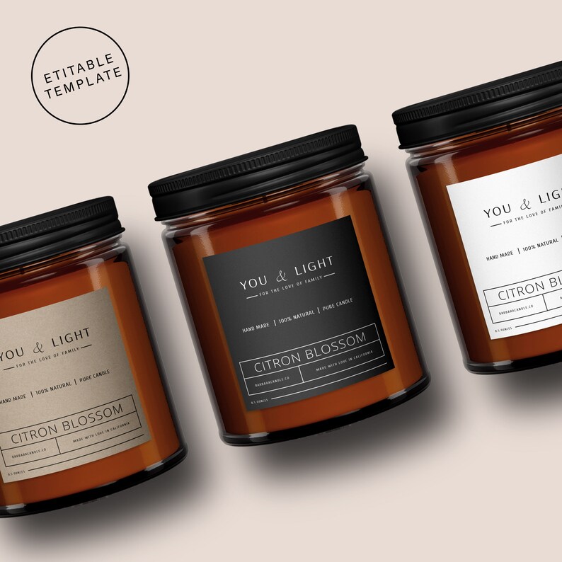 May include: Three amber glass candle jars with black lids and labels. The labels have white text that reads "You & Light - For the Love of Family", "Hand Made | 100% Natural | Pure Candle", and "Citron Blossom".