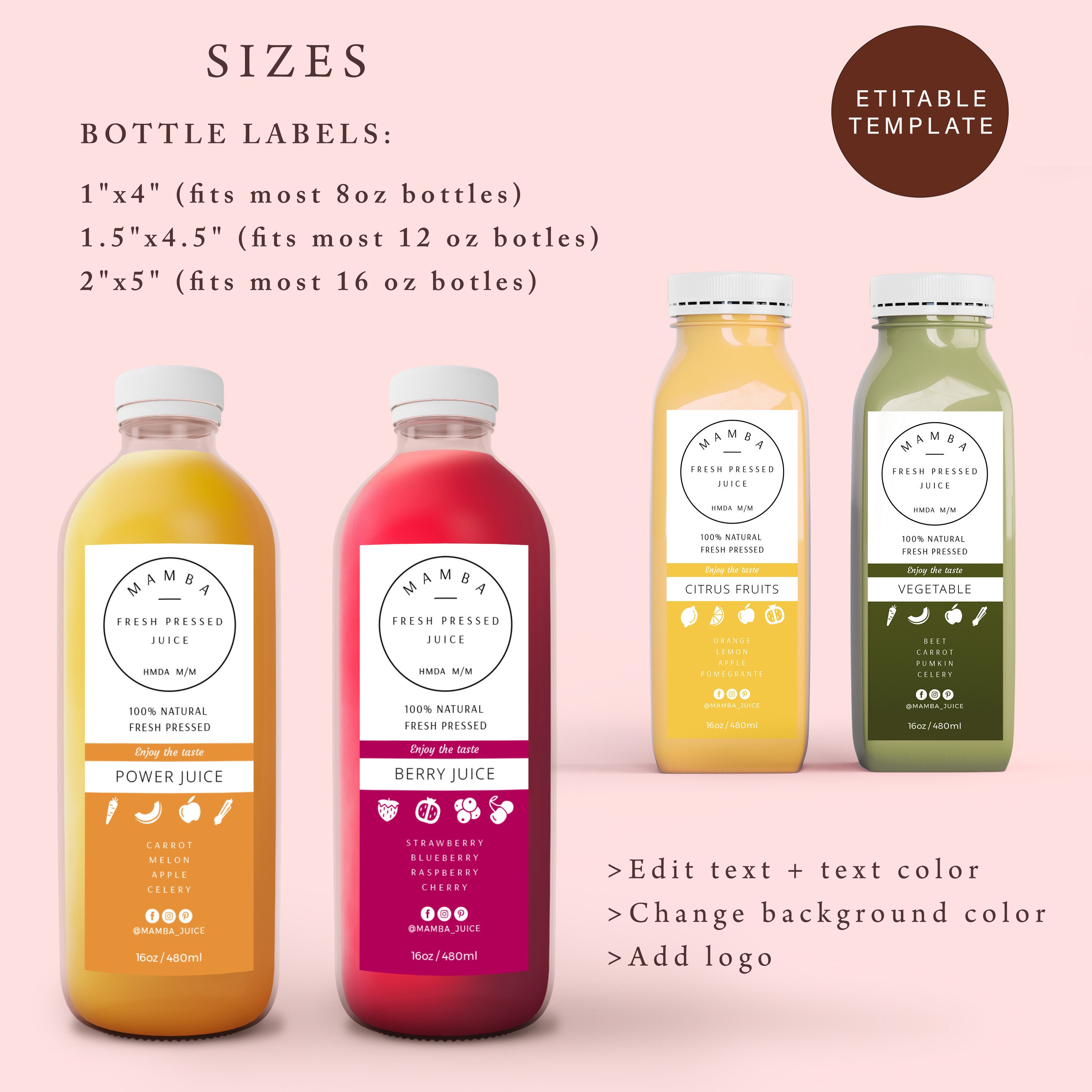 Editable Juice Bottle Label Template, Fresh Juice Label Sticker Design, 12  and 16 Oz, Editable Drink Bottle Labels, Smoothie Label Template 