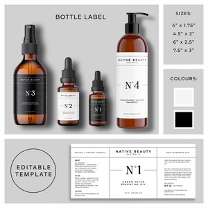 K&ouml;nnte beinhalten: Editierbare Vorlage f&uuml;r ein Produktetikett mit dem Text "Native Beauty Australia" und "N&deg;1 Green Olive Essential Oil" in einem Kreis. Das Etikett ist f&uuml;r eine 10 fl oz (30 ml) Flasche &auml;therisches &Ouml;l. Das Etikett enth&auml;lt auch Informationen &uuml;ber das Produkt, wie z. B. die Inhaltsstoffe und die Anwendung. Das Etikett ist in verschiedenen Gr&ouml;&szlig;en und Farben erh&auml;ltlich.