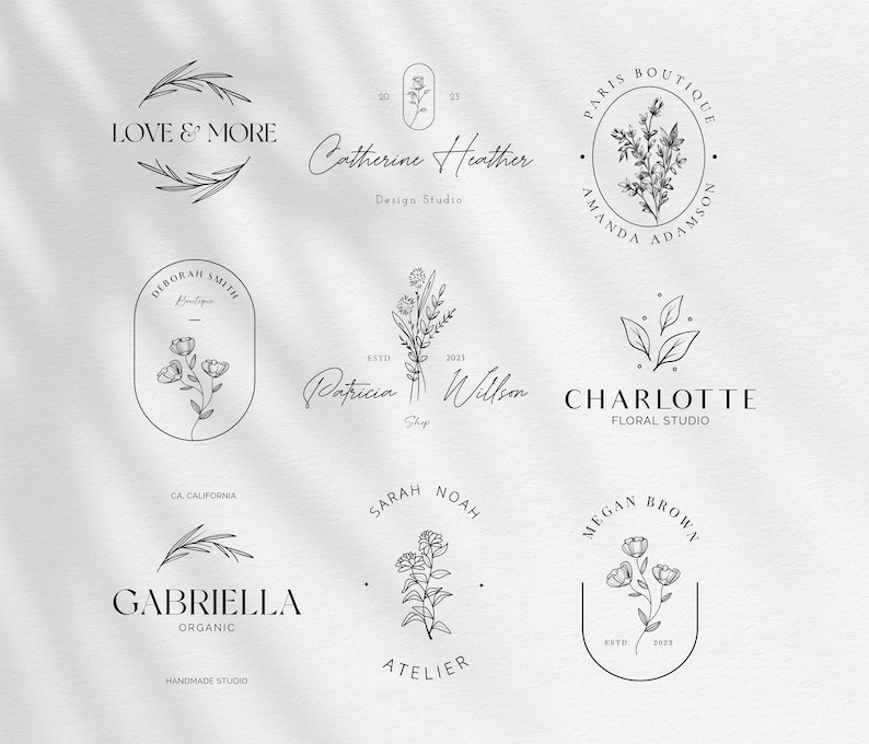 Puede incluir: Una colecci&oacute;n de nueve dise&ntilde;os de logotipos florales minimalistas con dibujos de l&iacute;nea negra de flores y hojas. Los logotipos est&aacute;n sobre un fondo blanco con un efecto de sombra sutil.