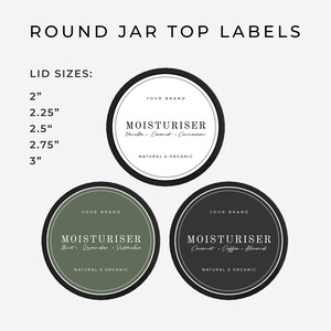 May include: Three round jar top labels with black borders and white text. The labels say "Your Brand" and "Moisturiser" with different scents listed below. The labels are on a white background.