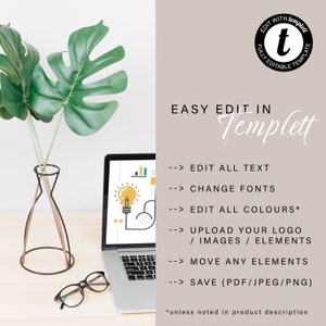 May include: A laptop computer with a light bulb graphic on the screen. The laptop is on a wooden desk with a vase of green leaves and a pair of glasses. The text on the screen reads "EASY EDIT IN Templett" and lists features such as "EDIT ALL TEXT", "CHANGE FONTS", "EDIT ALL COLORS", "UPLOAD YOUR LOGO", "MOVE ANY ELEMENTS", and "SAVE (PDF/JPEG/PNG)".