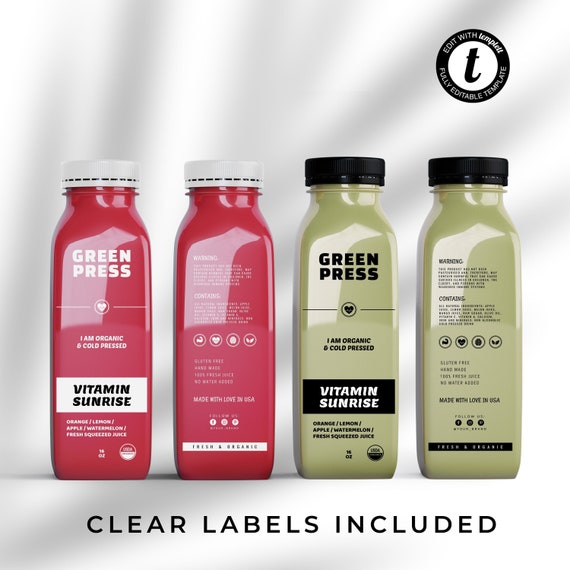 Editable Clear Juice Bottle Label Template Modern Bottle Label Sticker Cold Press Labels Printable Smoothie Label Transparent Label Etsy