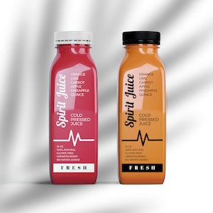 May include: Two glass bottles of cold-pressed juice, one red and one orange. Both bottles have a white label with the text "Spirit Juice" in a black and white stylized font. The labels also list the ingredients, "Orange, Lime, Carrot, Apple, Pineapple, Quince", and the size, "16 oz". Both bottles have a black and white heart rate symbol and the text "Fresh" in white.