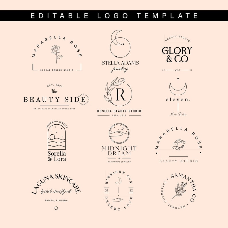 Editable Modern Logo Template, 12 Custom Logo Designs, DIY Boho Logo Design, Editable Logo Bundle, Beauty Business Logo, Small Business Logo image 1