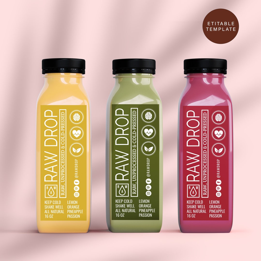 Editable Juice Bottle Label Template, Clear Juice Bottle Label Template, Cold Pressed Label