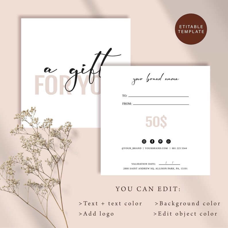 Editable Gift Certificate Template Printable Gift Card Etsy