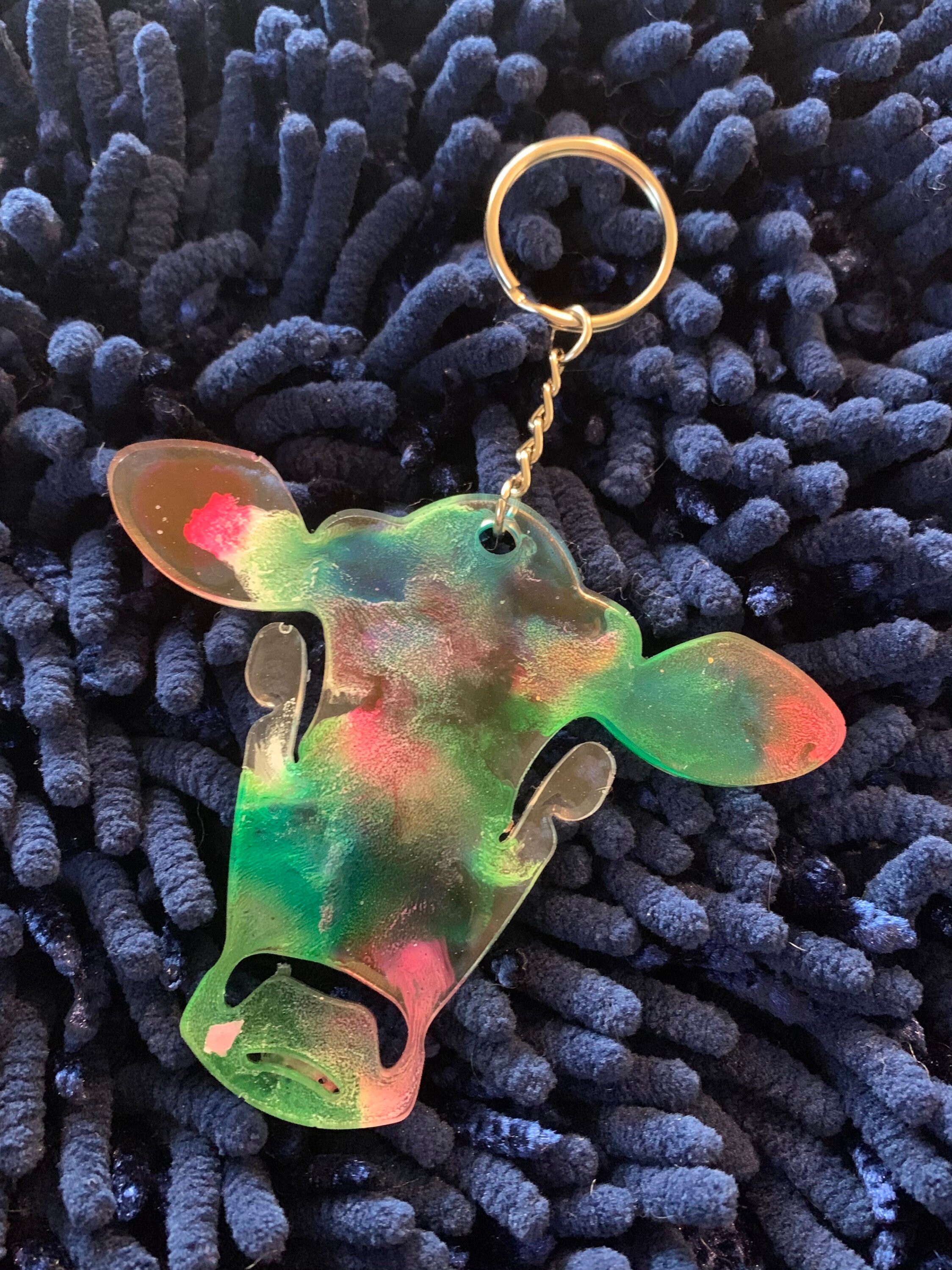 Multicolored Cow Head Keychain Etsy