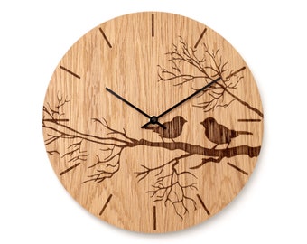 Birds Oak Wood Wall Clock 30 cm