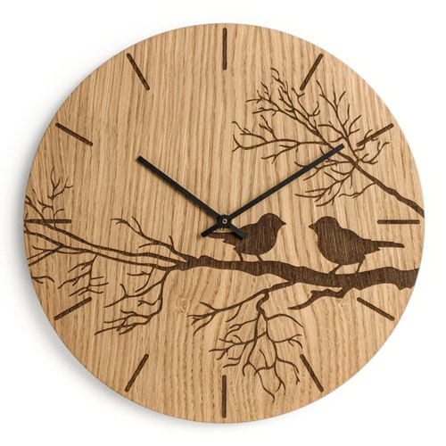 Birds Oak Wood Wall Clock 30 Cm Etsy