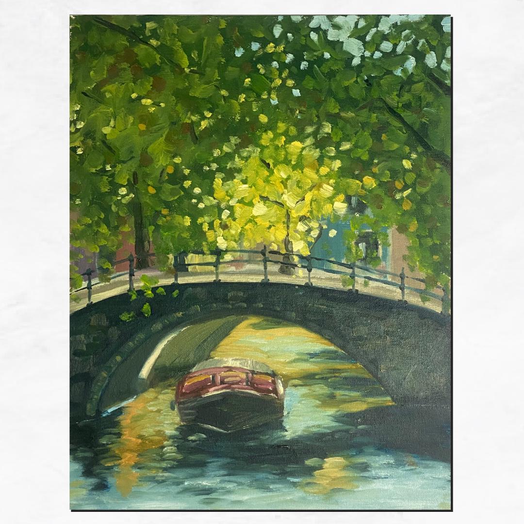 11x 14 Oil on canvas board | Canal Boat | Amsterdam